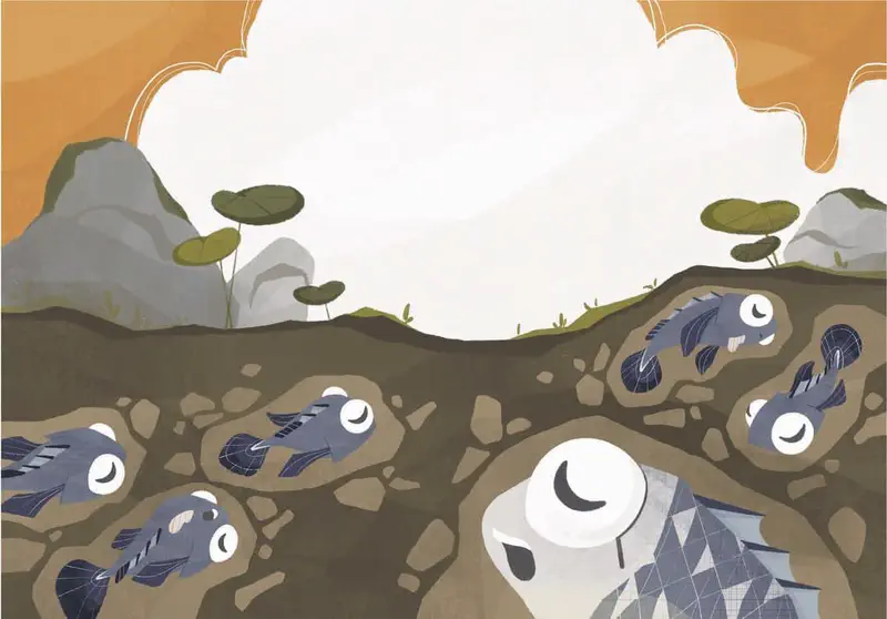 Joyful gray mudskipper fish playing in rain while others swim in pond near hillside.