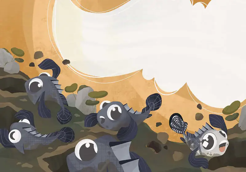 Mudskipper fish in stream during rain with inset showing gray catfish diagram nearby.