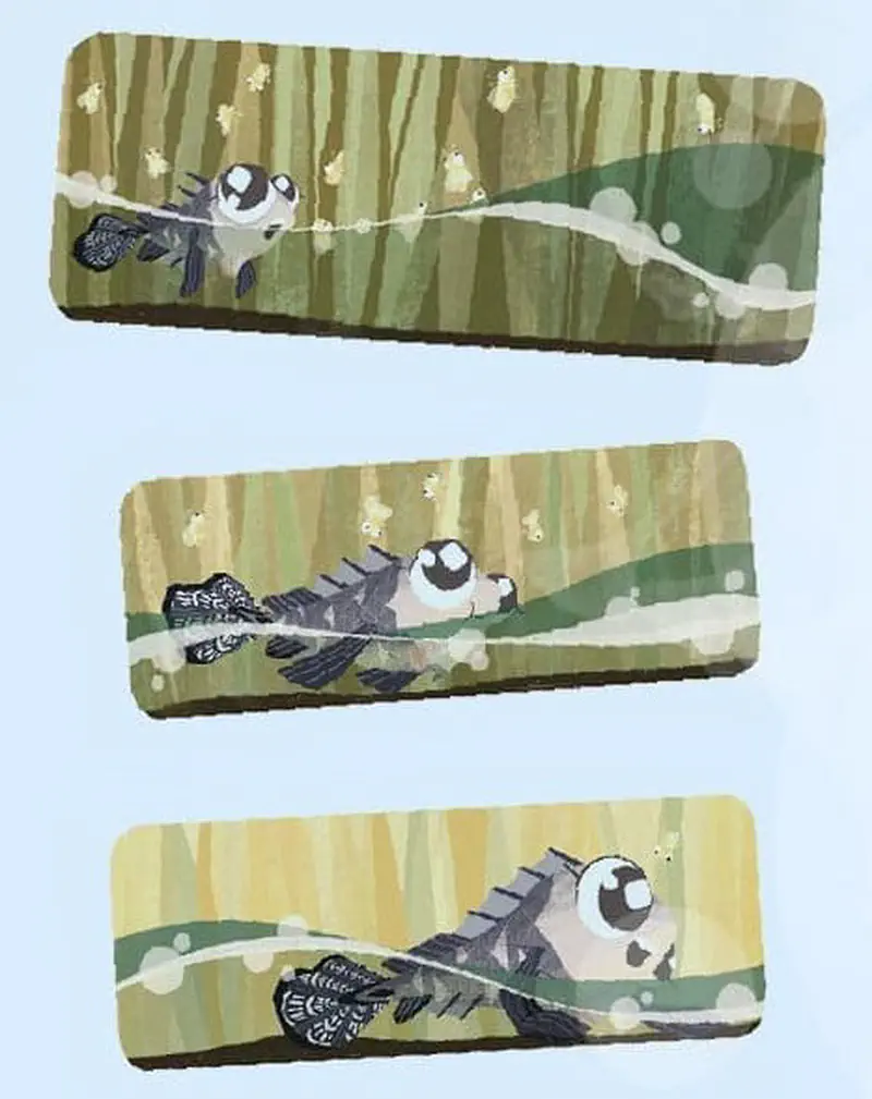 Mudskipper fish family resting in shallow muddy pond near tree with falling leaves.