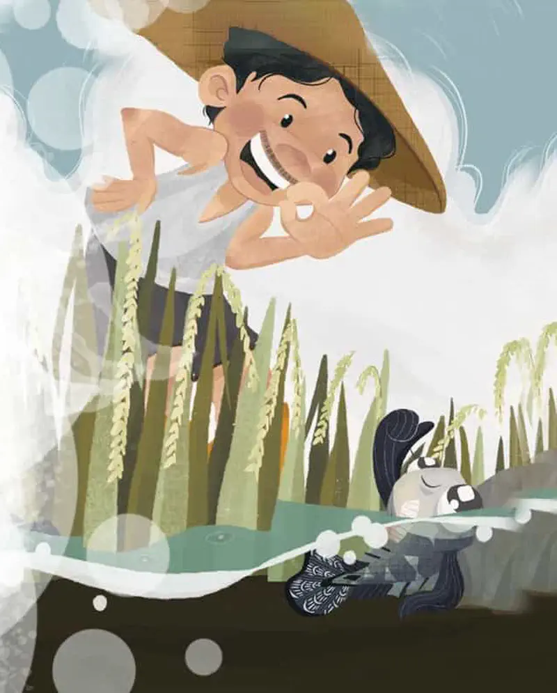 Happy mudskipper fish family swimming in swirling green water stream with orange fish.