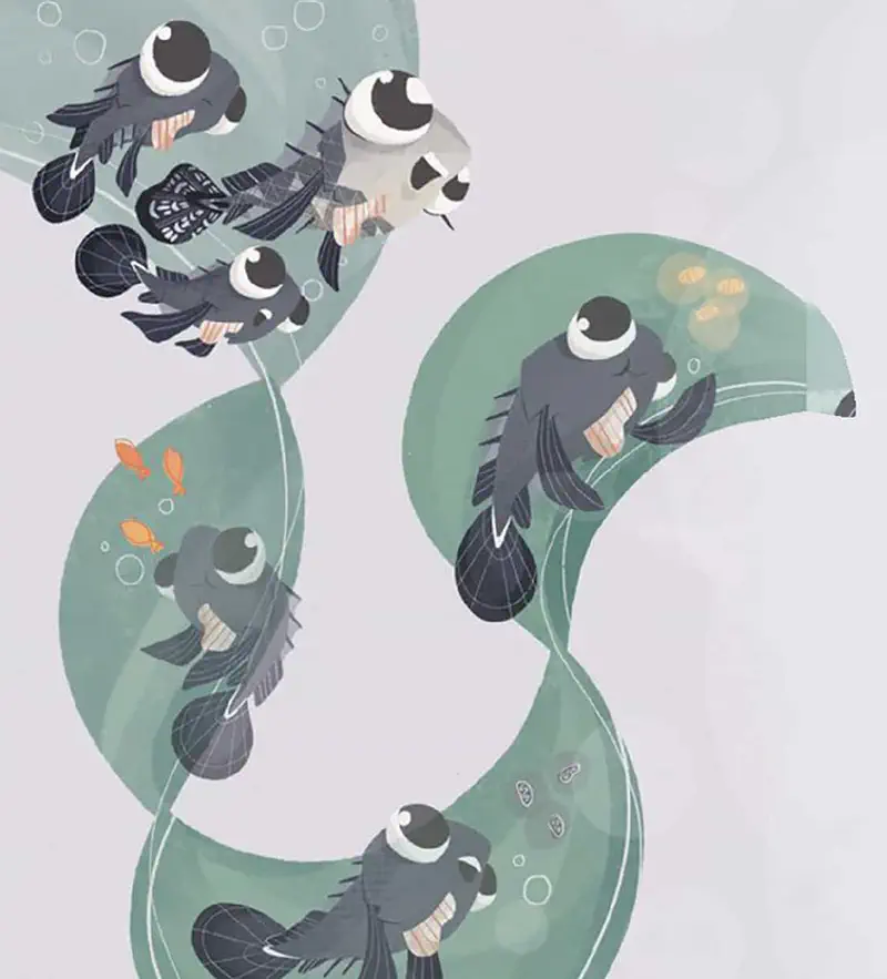 Happy mudskipper fish swimming in swirling green water with orange fish and bubbles.