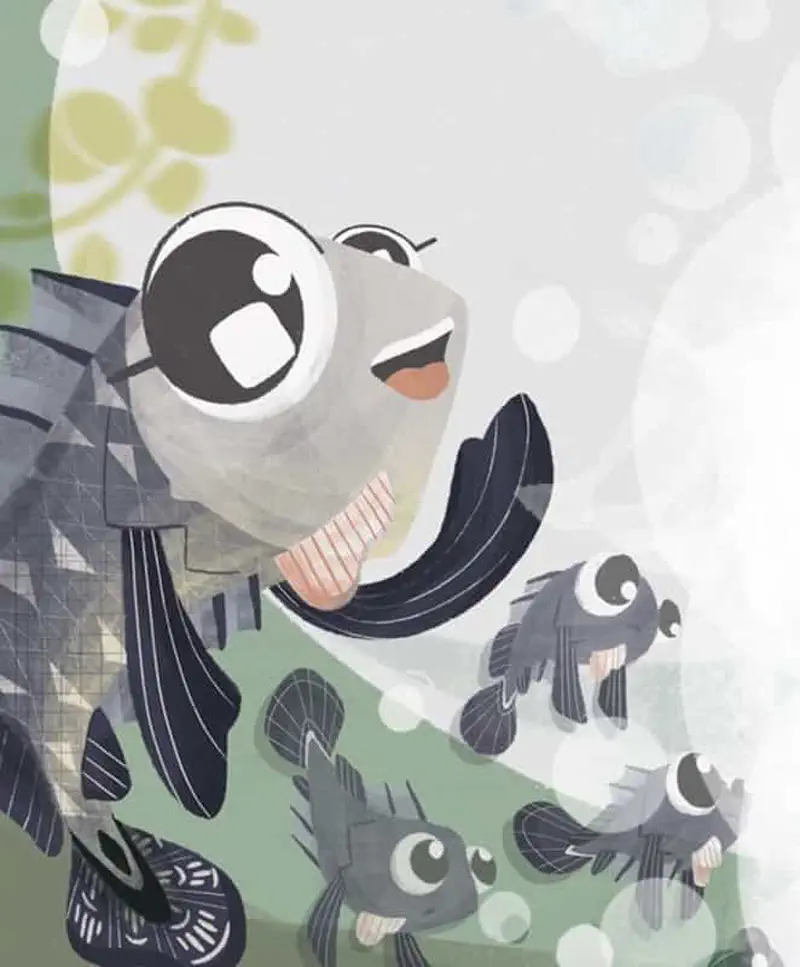 Happy mudskipper jumping from water with smaller fish swimming below near green plants.