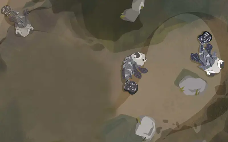 Four mudskipper fish scattered across murky brown shallow pond with rocks and plants.