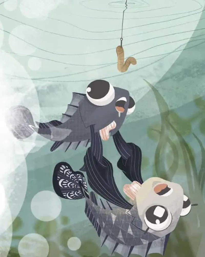 Two mudskipper fish underwater staring at worm bait dangling from fishing hook above.