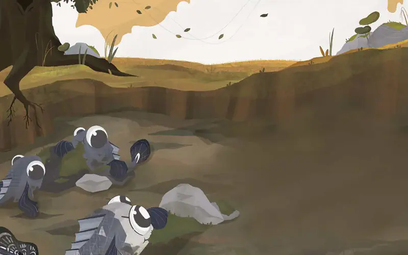 Four mudskipper fish scattered across murky brown shallow pond with rocks and plants.