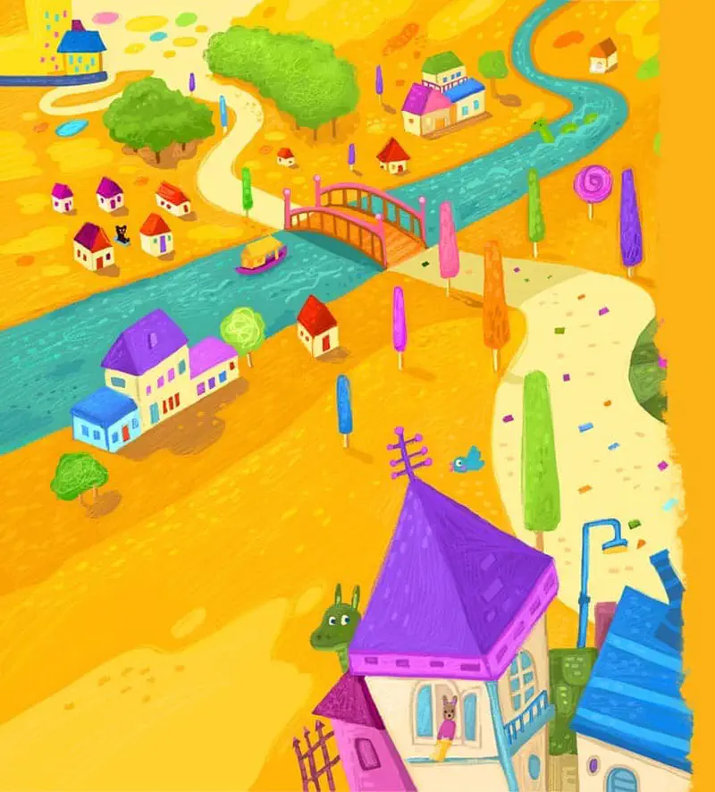 Colorful aerial view of village with river, bridge, houses with purple roofs, and winding paths.