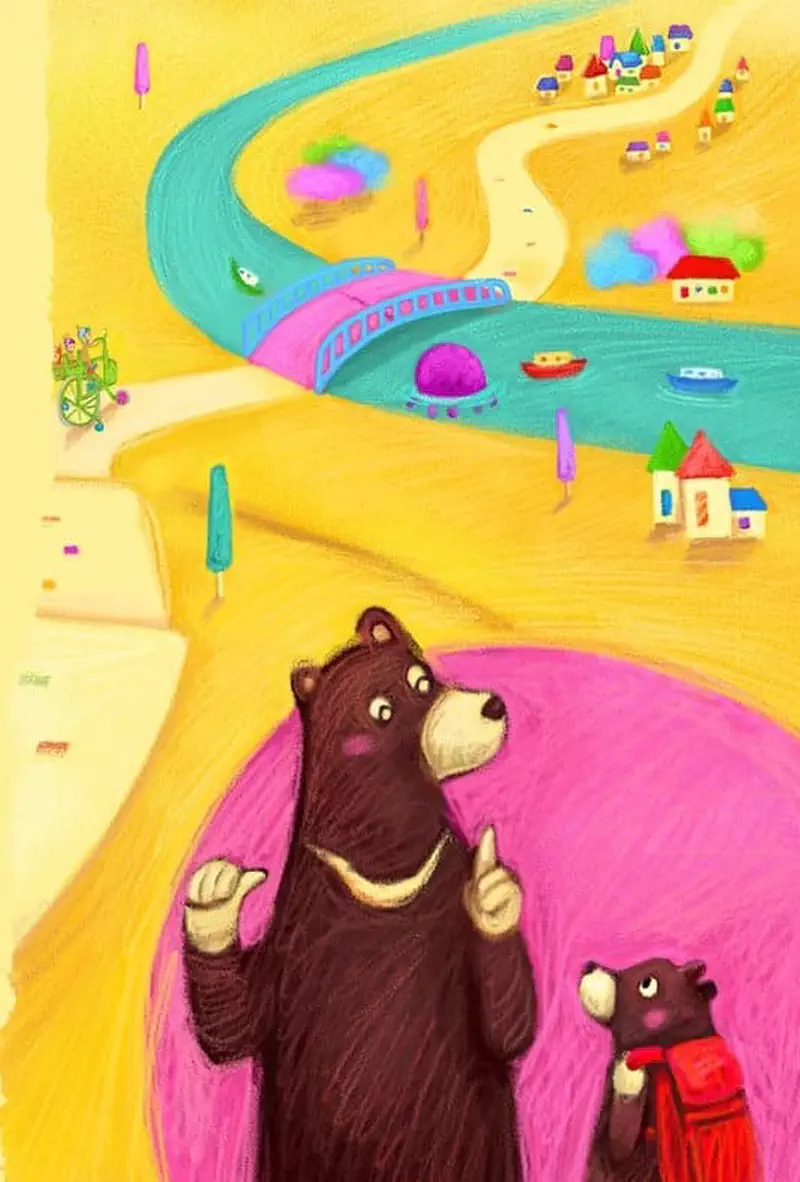 Mother bear pointing at pink train crossing river while baby bear in red scarf watches.