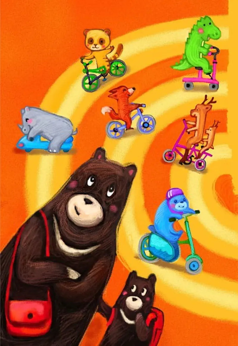 Mother bear watching animals ride various bikes - cat, dinosaur, fox, deer, and sloth on scooter.
