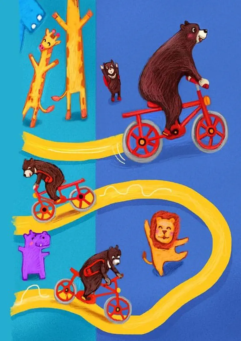 Bear riding red bike on winding yellow path with giraffe, baby bear, hippo, and lion watching.