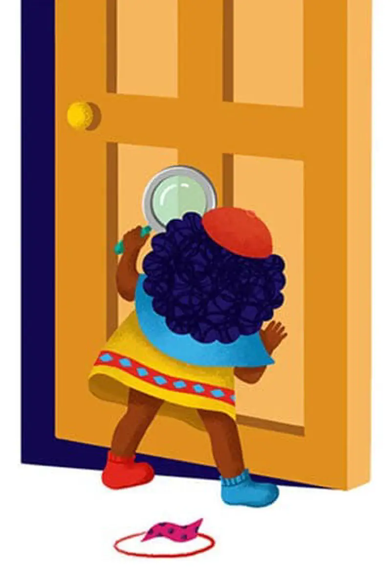 Girl with curly hair and red cap peeking through door with magnifying glass, pink sock on floor.