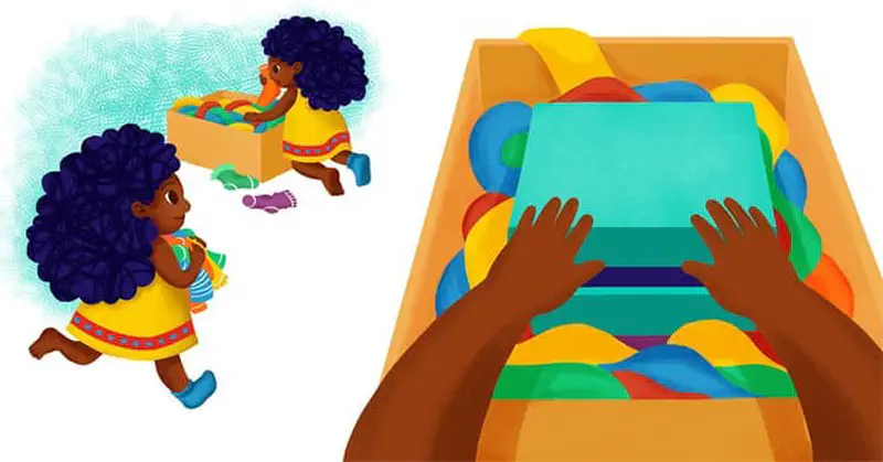 Girl in yellow dress carrying box of toys, hands reaching into drawer full of colorful items.