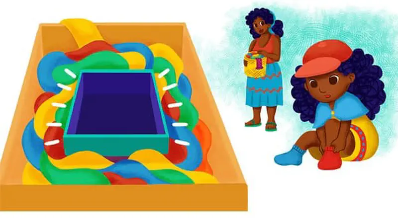 Box of colorful socks with opening showing empty space, mother giving sad girl mismatched socks.