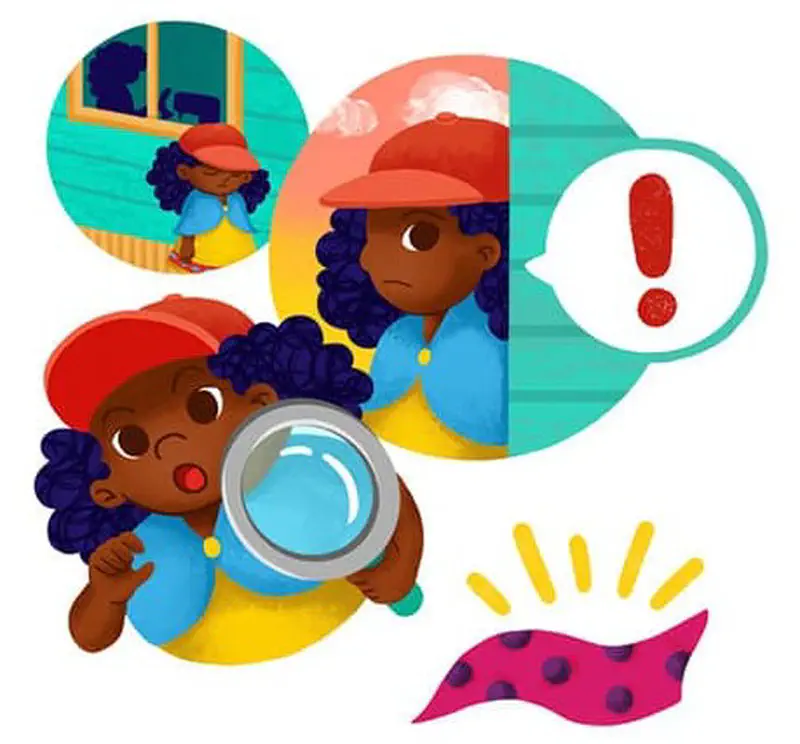 Three vignettes of girl looking in window, having realization, and searching with magnifying glass finding sock.