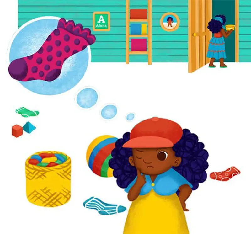 Baby playing with colorful socks on floor while older girl hugs armful of socks happily.