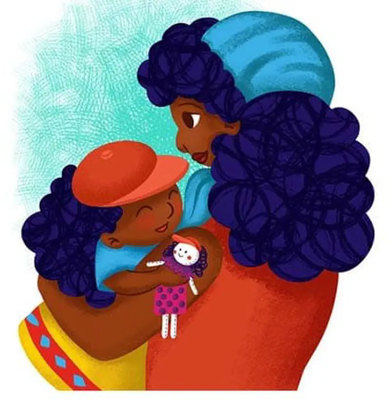 Hand giving handmade doll in pink polka dot dress to child's reaching hands on blue background.