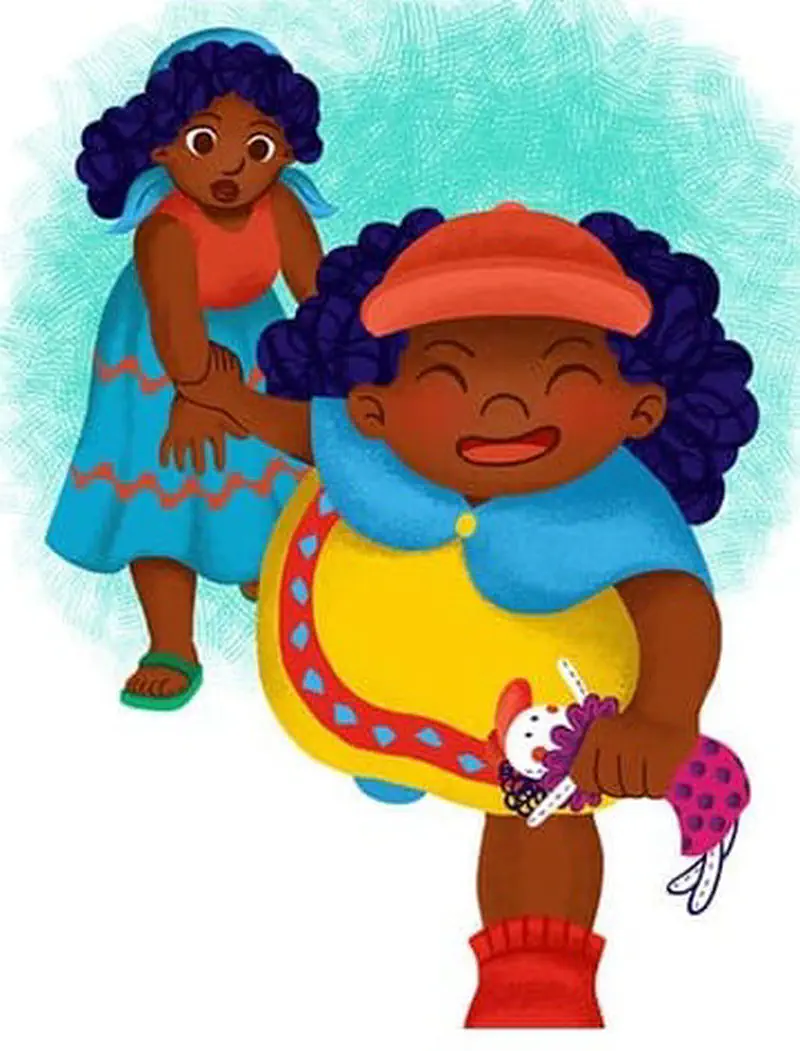 Mother in blue headwrap hugging happy daughter in red cap holding doll made from sock.