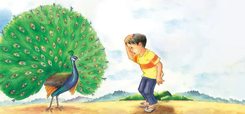 Peacock displaying full green tail feathers while boy in yellow shirt touches his head.