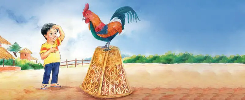 Boy touching head looking at rooster standing on woven basket in rural village.