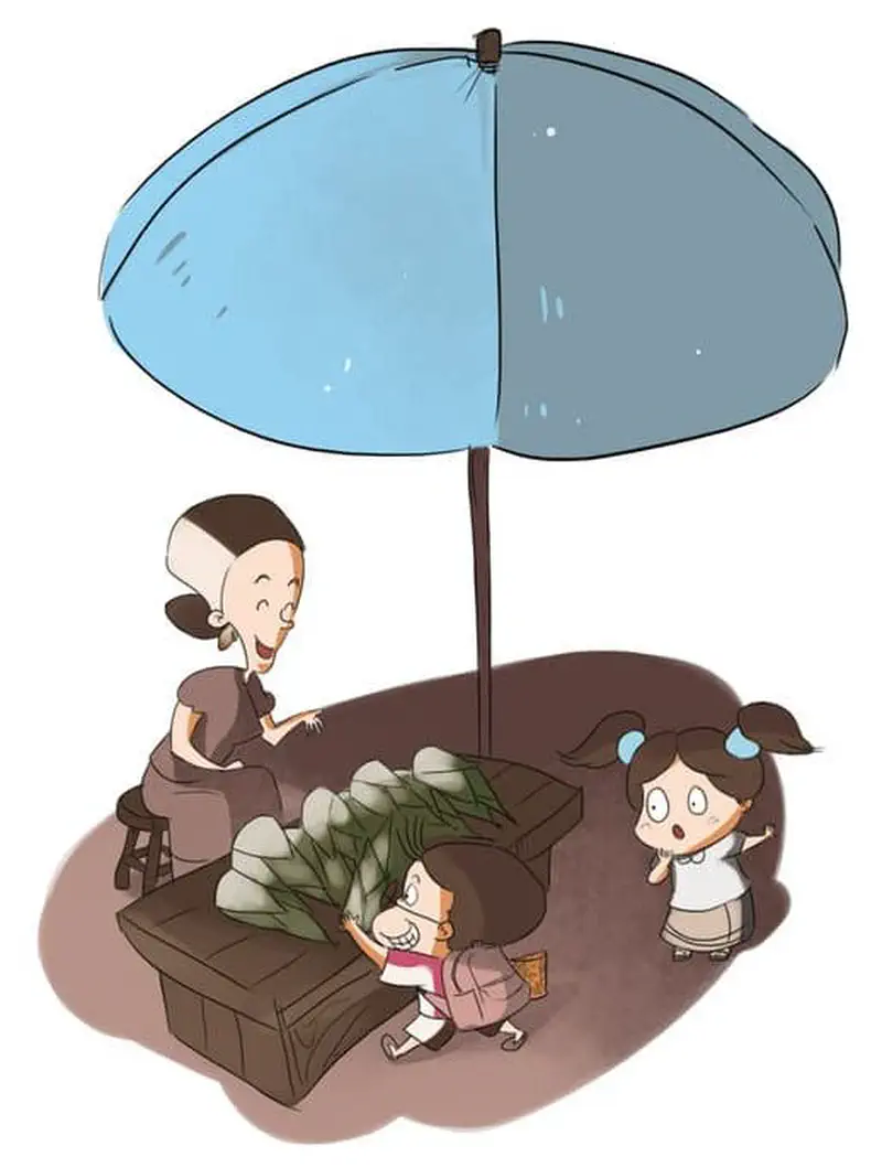 Grandmother selling vegetables under blue umbrella while two girls play nearby in market.