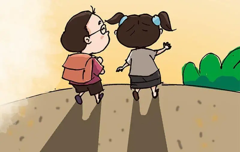 Two girls with backpacks walking together on path toward green bushes at sunset.