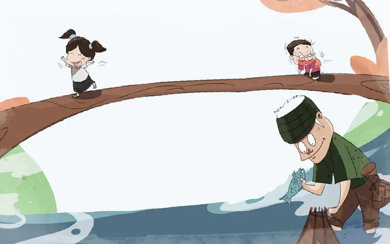 Two girls on wooden bridge watching fisherman holding fish below, countryside scenery.