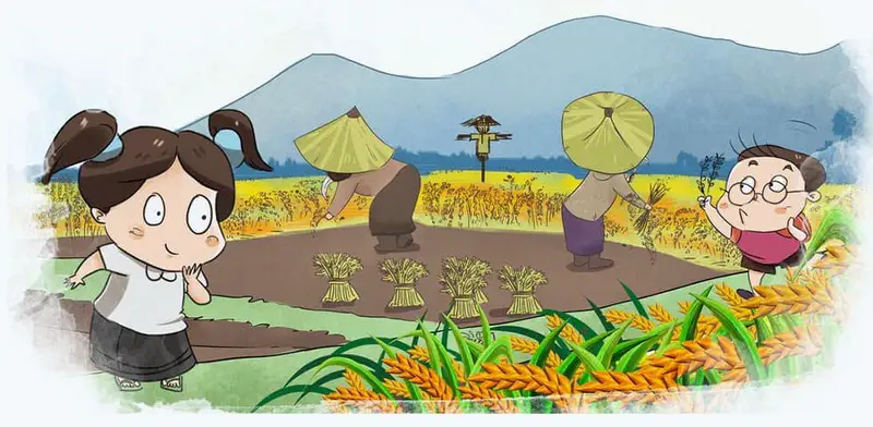 Two girls watching farmers harvest golden rice in field with mountains in background.