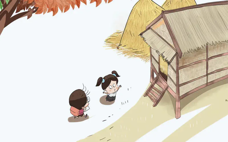 Boy with glasses running toward girl waiting by traditional thatched stilt house.