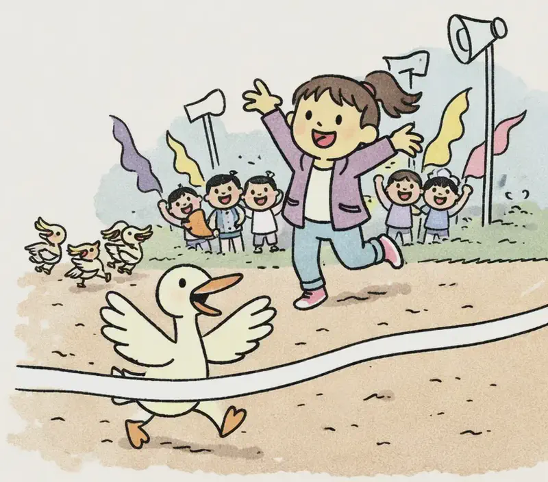 On the right side of the image, Duck crosses a white finish line with wings spread wide, running triumphantly on an outdoor dirt path through a suburban neighborhood on a bright, sunny day. Other racing birds trail behind Duck on the left side of the path, having lost the race. Behind Duck in the center-right, Girl jumps and cheers with arms raised, her mouth wide open in shock and delight, surrounded by a crowd of spectating children and adults waving colorful banners and flags. Megaphone speakers on poles line the route, giving the scene a festive community race-day atmosphere.