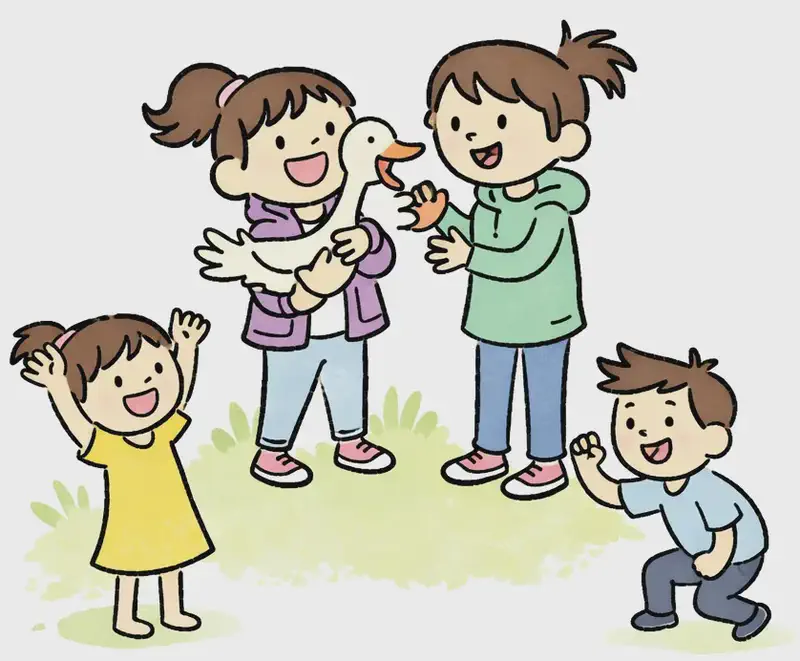 On the left side of the image, Girl stands at center holding Duck in her arms in a tight hug, beaming with a wide, triumphant smile. Tall Girl stands close beside her, laughing and reaching toward Duck with both hands in a congratulatory gesture. In the lower left, Girl in Yellow Dress cheers with one arm raised high, clapping and grinning excitedly, while Boy pumps his fist in celebration with a big smile. The scene is set outdoors among green bushes and warm golden light, suggesting a sunny afternoon. The right ~40% of the image is plain white background.