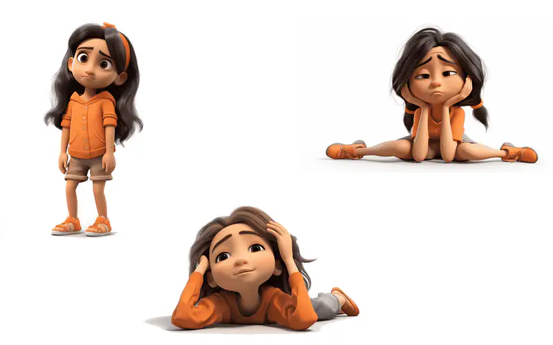 Three views of girl in orange showing boredom - standing sad, lying chin on hands, and head on hand.