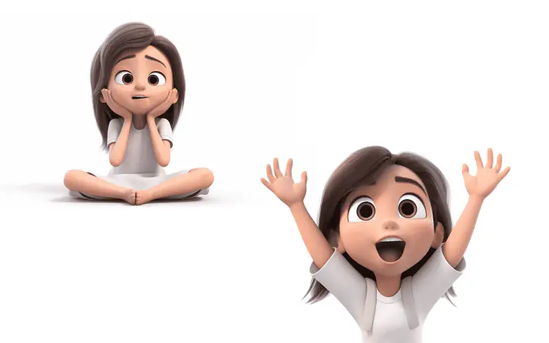 Girl in white showing calm and excitement - sitting peacefully and raising arms happily.