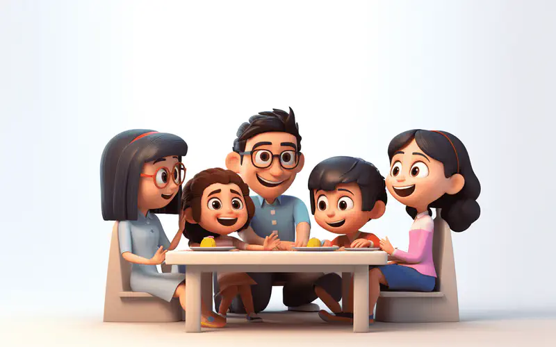 Happy family gathered around table - parents with glasses, three children smiling together.