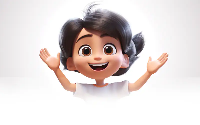 Happy girl in white shirt with arms raised wide showing excitement and joy.