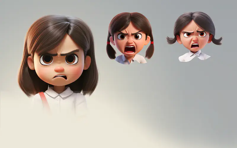 Three views of angry girl in white - frowning, yelling with pigtails, and frustrated expression.