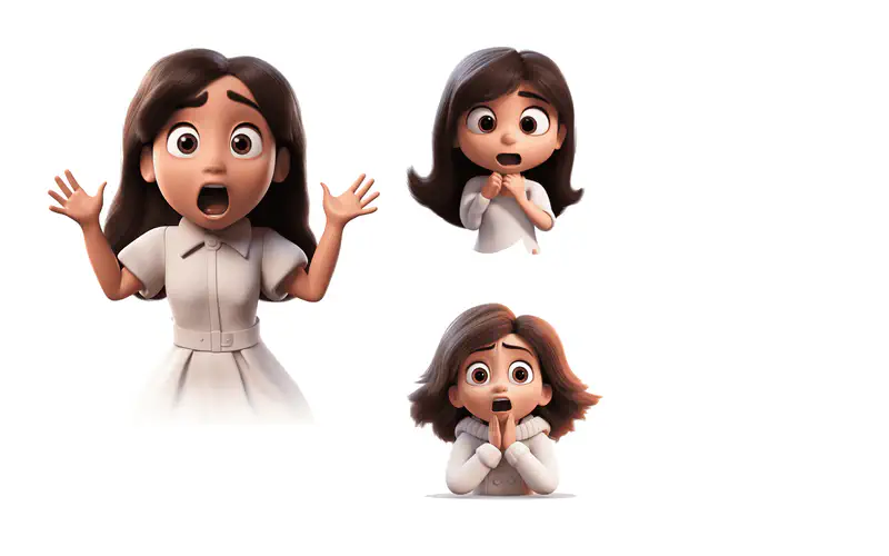 Three views of surprised girl - hands up shocked, hand on chest gasping, hands covering mouth.