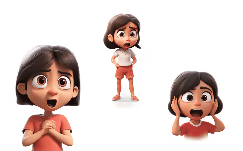 Three views of worried girl in orange and red - hands on chest, standing concerned, hands on head.