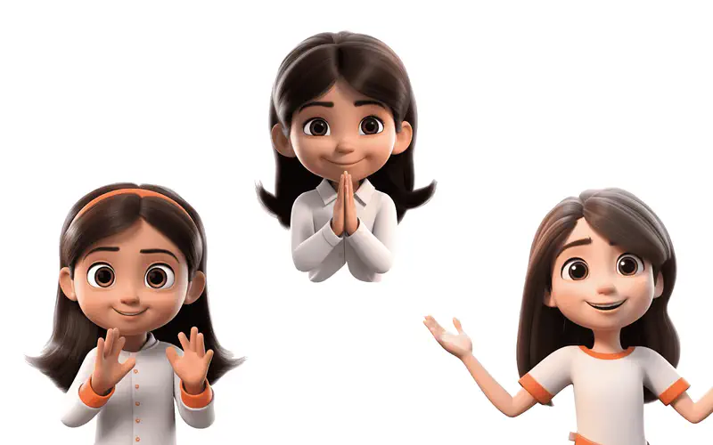 Three views of calm girl - waving hello, hands in prayer position, and gesturing while talking.