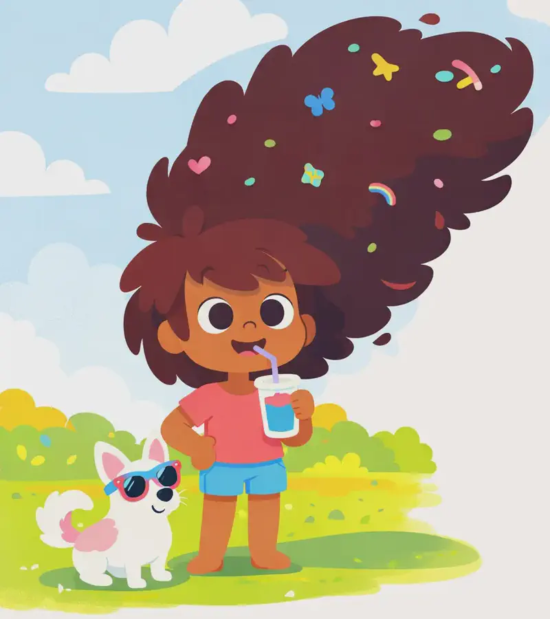 On the left side of the image, The Girl stands outdoors on a sunny summer day, smiling confidently and sipping a cool drink with a straw while her enormous, voluminous hair is swept up high off her neck, billowing dramatically upward and to the right, with colourful clips and decorations scattered through it. The Dog sits beside her on the left, wearing sunglasses and looking up at her. The background is a bright, warm outdoor scene with yellow-green foliage and a light blue sky with white clouds, and a large shadow is cast on the ground from The Girl's hair. The right side of the image is open sky and plain background.