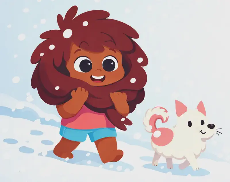 On the left side of the image, The Girl is walking through a snowy winter scene, smiling cozily as she wraps her voluminous hair around her face and shoulders like a scarf, holding it close with her hands. The Dog trots alongside her to the right, braving the cold. Small snowflakes fall around them against a wintry, pale blue-white outdoor backdrop. The right side of the image is open, plain background.