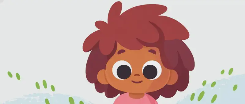 In the lower-right portion of the image, The Girl is shown from roughly the eyes up, looking downward with a calm, slightly wistful expression, her short curly hair visible — reflecting the text about having cut it short. In the upper-left corner, The Dog peeks into the frame from above, tongue out playfully. The background is a soft, light outdoor setting with scattered green grass strokes and a pale blue sky, with the top half of the image left mostly as plain background space.