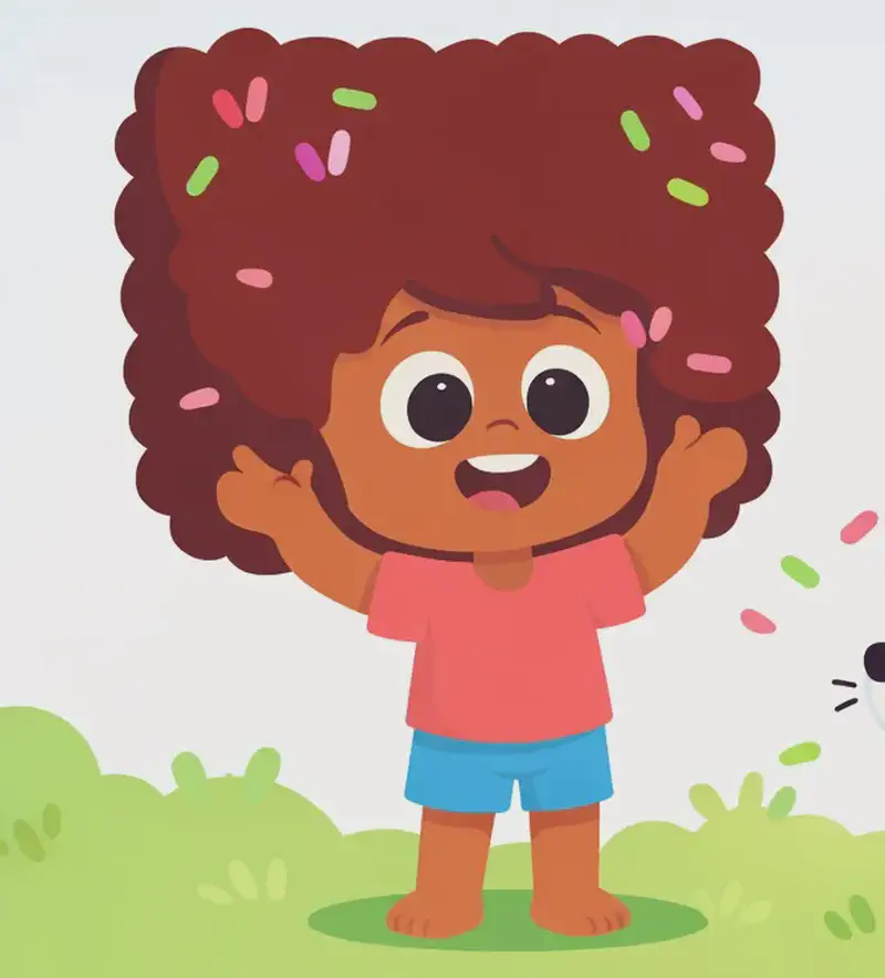 On the left side of the image, The Girl stands proudly with a big, beaming grin, her hands raised near her head as she shows off her hair styled into a large, dramatic square shape decorated with colourful pink and green hair clips or confetti-like accessories. She looks delighted and confident. Slightly to the right of centre, The Dog sits in the grass looking up at The Girl with an amused expression, with a few colourful clips or confetti pieces floating around. The scene is set outdoors on a bright day with soft green grass and a pale blue sky.