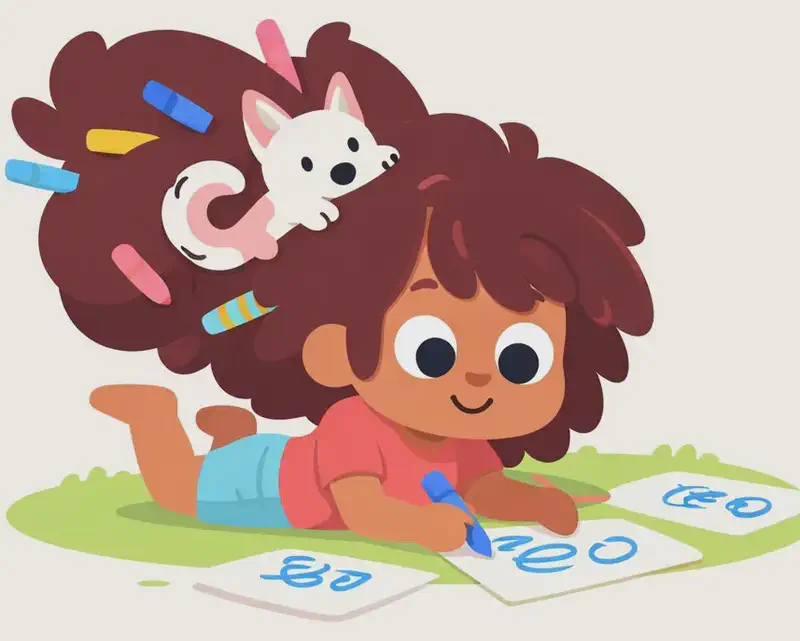 On the right side of the image, The Girl lies on her stomach on a grassy area, smiling contentedly as she draws on sheets of paper spread out in front of her. Her big, voluminous hair billows upward and to the left, stuffed with colourful pens and crayons in blue, pink, yellow, and other colours. The Dog peeks out from within The Girl's hair near the top, with just its head and paws visible, looking comfortable nestled among the curls. The left side of the image is open white and light blue background. The scene is outdoors on a bright day.