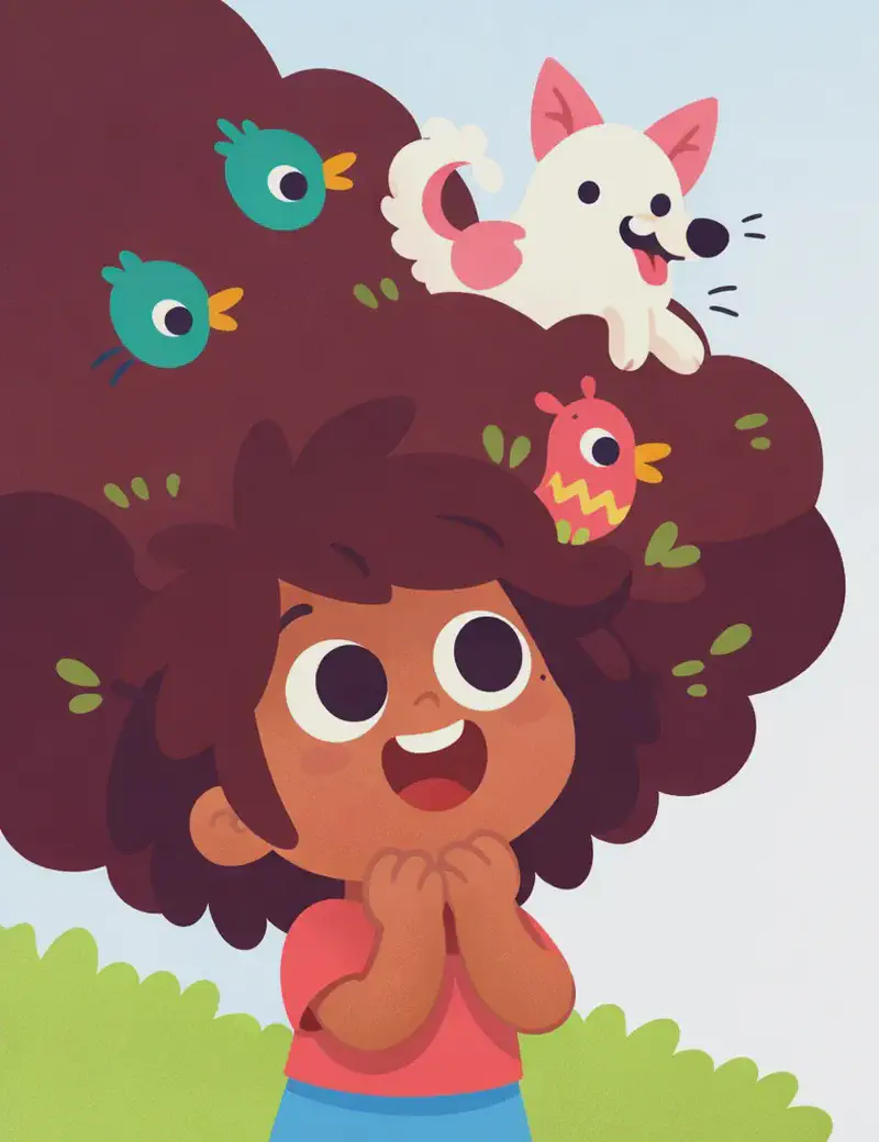 On the left side of the image, The Girl is shown from the shoulders up, looking upward with wide, delighted eyes and a big smile, her hands clasped together near her chin in excitement. Her enormous curly dark hair billows outward like a tree canopy, filling the upper-left portion of the image, with several colourful birds (teal, pink with yellow markings, green) nesting and perching throughout it. The Dog peeks out from the top of her hair, tongue out happily, nestled among the birds. The right side opens to a clear sky with soft green grass along the bottom, left open for text.