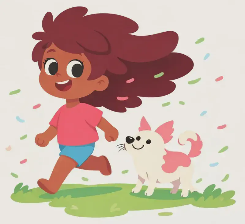 On the right side of the image, The Girl is walking confidently into the wind with a big, proud smile, her face turned toward the viewer at a three-quarter angle, her massive hair billowing dramatically behind and above her like a flag, filling much of the upper portion of the scene. The Dog stands upright beside her on the right, leaning into the wind alongside her. The outdoor scene is breezy and bright, with small colourful confetti-like shapes (pink and green) swirling in the air and patches of green grass at the bottom, conveying a windy, celebratory atmosphere. The left side is open sky/white background, clear of characters.