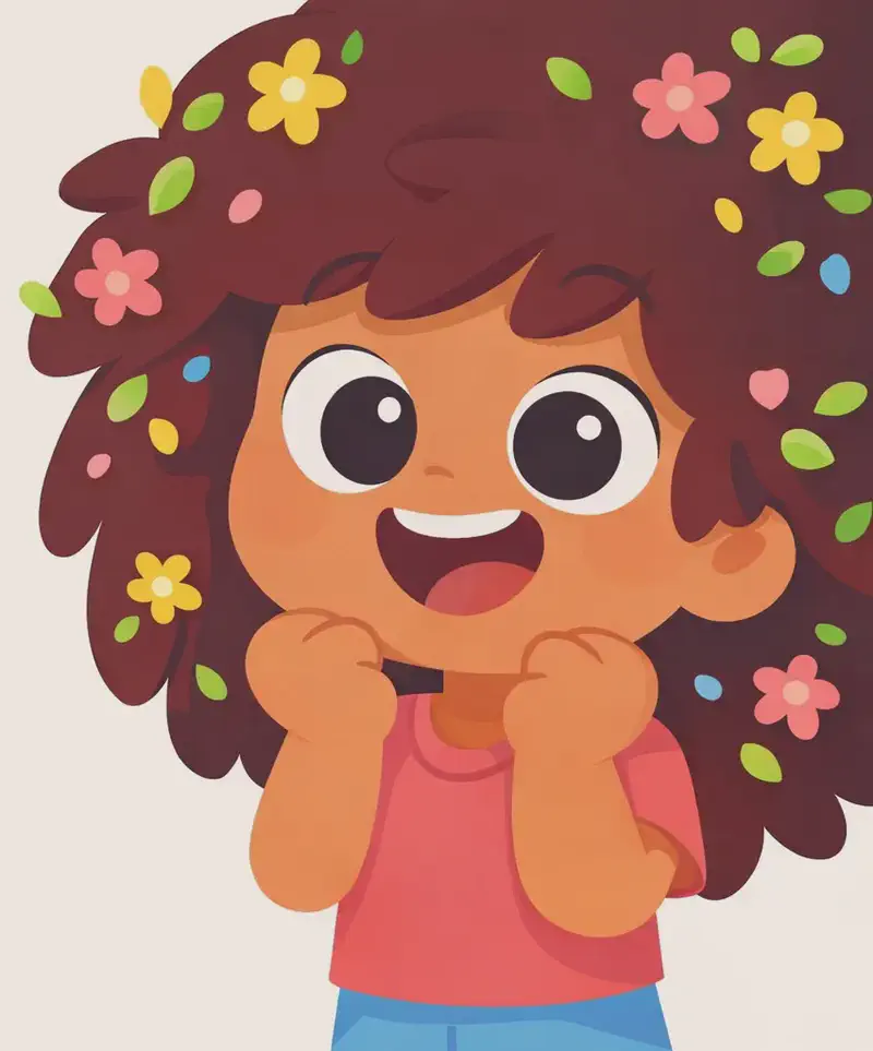 On the right side of the image, The Girl is shown in a close-up portrait, beaming with a wide, joyful smile, her hands raised up near her chin in delight. Her voluminous hair fills much of the frame, decorated with small colourful flowers and leaves in green, yellow, and pink. The left side of the image is left open as a light clearing framed by her flowing hair, providing space for text.