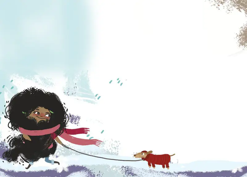 Girl with pink scarf walking dog in red sweater through snowy winter landscape.