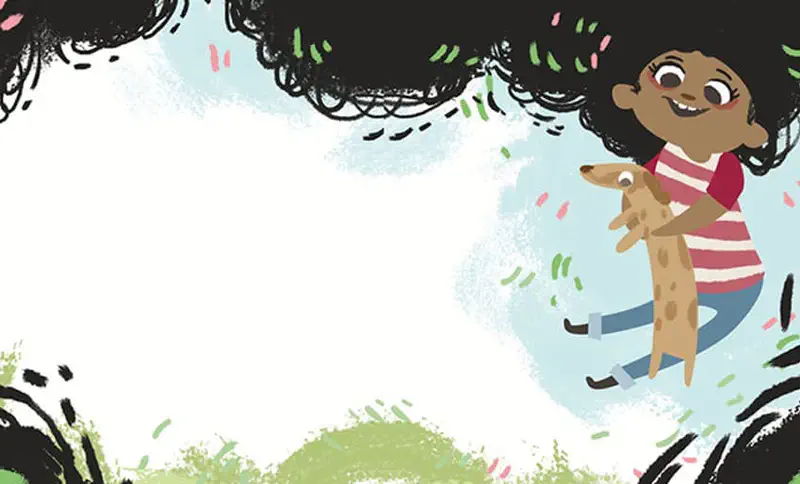 Smiling girl holding her dog surrounded by enormous curly black hair with confetti decorations.