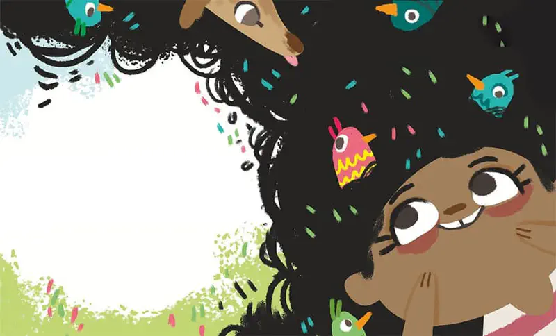 Girl delighted as colorful birds nest in her big curly black hair, dog watching above.