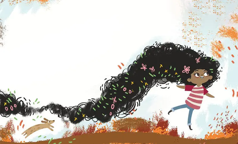 Girl running through autumn leaves, her extremely long curly hair flowing with pink flowers and dog chasing.