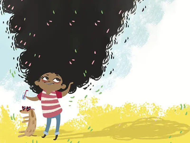 Girl standing with huge hair flowing upward, drinking with dog wearing sunglasses in sunny field.